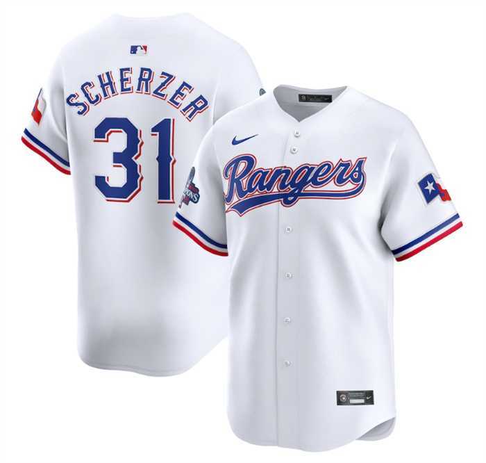 Men%27s Texas Rangers #31 Max Scherzer White 2023 World Series Champions Stitched Baseball Jersey Dzhi